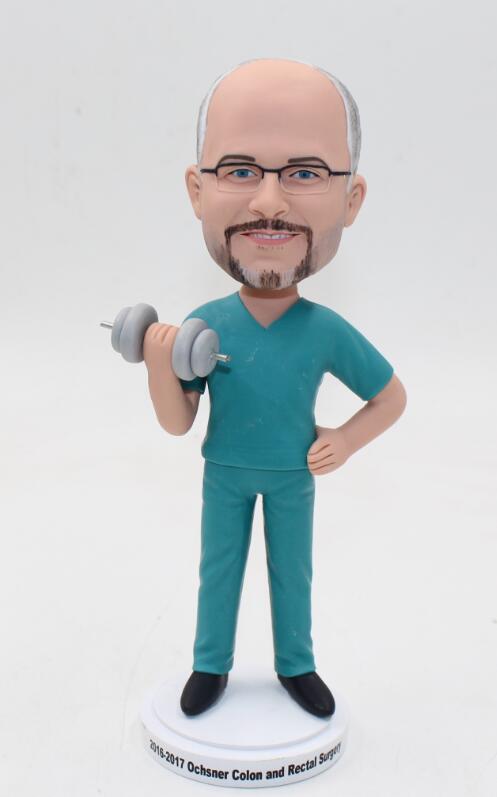 Custom doctor bobblehead with dumbbell  - Click Image to Close