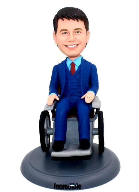Custom bobbleheads sitting on wheelchair bobble head  - Click Image to Close