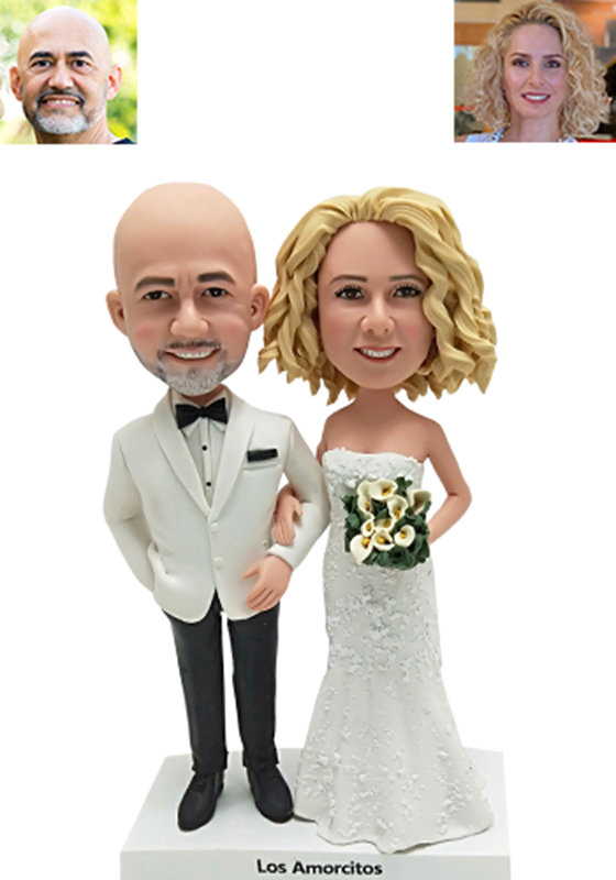 Custom classic wedding bobbleheads cake topper made from photos