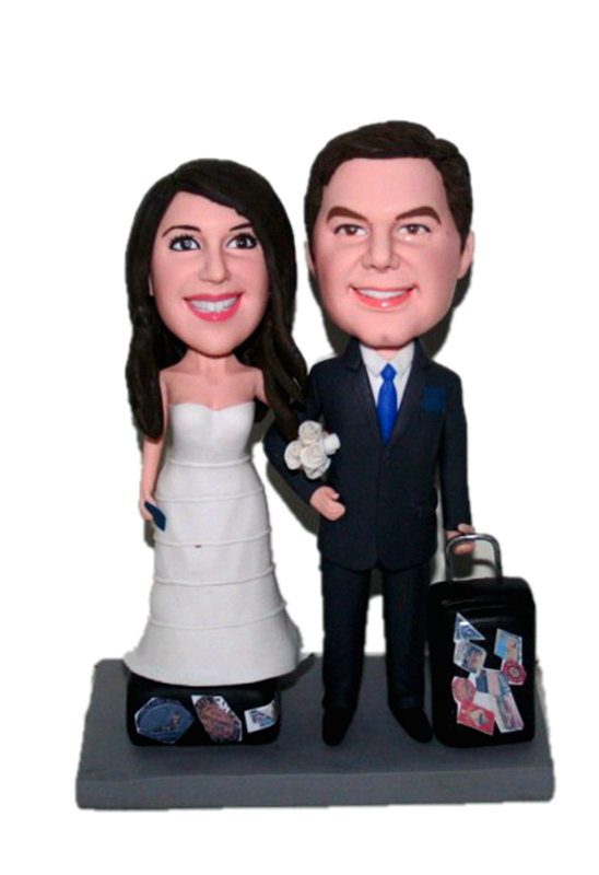 Custom bobbleheads Travelling wedding bobble head cake toppers