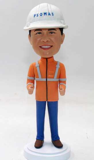 Custom engineer bobblehead with hard hat and orange vest