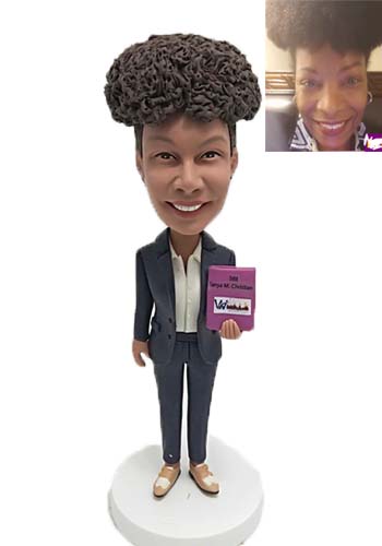 Custom bobble head for writer or novelist with her book