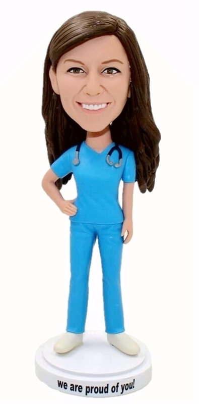 Custom bobblehead doctor in blue scrubs