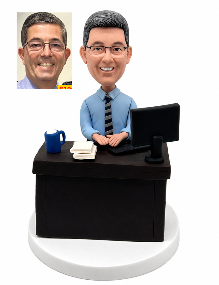 Custom Office Worker Bobblehead with Computer at Desk
